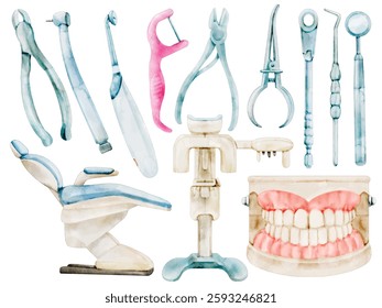 Watercolor Dental Tools and Equipment Illustration Set - Hand-Painted, Realistic, Healthcare Essentials - Dentist Chair, Tooth Vector Illustration