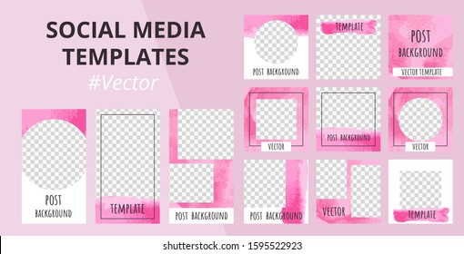 Watercolor design backgrounds for social media banner. Set of pink abstract stories and post frame templates. Mockup for personal blog or shop. Abstract background layout. Vector illustration 