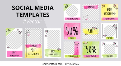 Watercolor design backgrounds for social media banner. Set of abstract stories and post frame templates. Mockup for personal blog or shop. Abstract background layout. Vector illustration