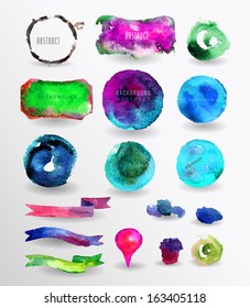  watercolor design elements, background, label, bubble, ribbon
