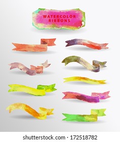 watercolor design elements, background, label, bubble, ribbon