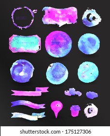  watercolor design elements, background, label, bubble, ribbon