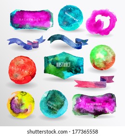  watercolor design elements, background, label, bubble, ribbon