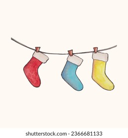 Watercolor design elements for Merry Christmas, Christmas socks