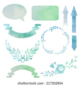Watercolor design elements set. Vintage frame, arrows, communication bubble and ribbons.