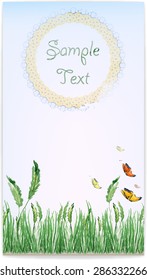 watercolor design. hand drawn illustration. Grass with butterflies background. Vector greeting card template