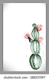 watercolor design. hand drawn illustration. blooming cactus on a white background. Vector brochure template 