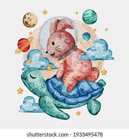 watercolor design illustration of cute rabbit and turtle