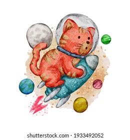watercolor design illustration of cute rocket cat