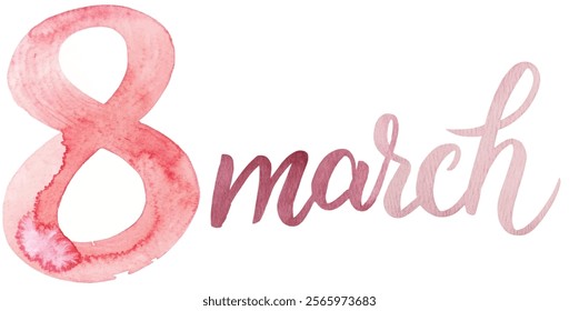 Watercolor design, March 8, International Women's Day, elegant typography, soft pink hues, celebration theme.