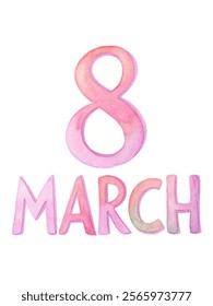 Watercolor design, March 8, International Women's Day, pink hues, festive typography, celebration theme.