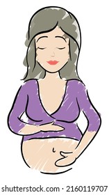 Watercolor design of serene pregnant mom, touching her belly as love gesture.