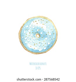 Watercolor dessert. Watercolor donuts. Hand drawn watercolor painting on white background. Vector illustration