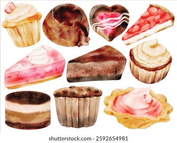 Watercolor Dessert and Pastry Illustration Set - Hand-Painted, Realistic, Sweet Treats - Cupcake, Chocolate Cake, Cheesecake, Tart, Muffin, Strawberry Pie, Vector Illustration