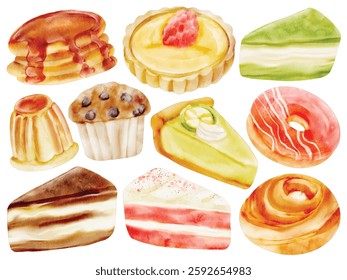 Watercolor Dessert and Pastry Illustration Set - Hand-Painted, Realistic, Sweet Treats - Pancakes, Tart, Matcha Cake, Donut, Muffin, Pudding, Tiramisu, Cheesecake, Swiss Roll, Vector Illustration