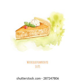 Watercolor dessert. Watercolor pumpkin pie. Hand drawn watercolor painting on white background. Vector illustration 