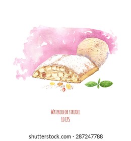 Watercolor dessert. Watercolor strudel. Hand drawn watercolor painting on white background. Vector illustration 