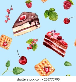 Watercolor desserts seamless pattern with cakes, red currant and cherries. Food background with cafe assortment.