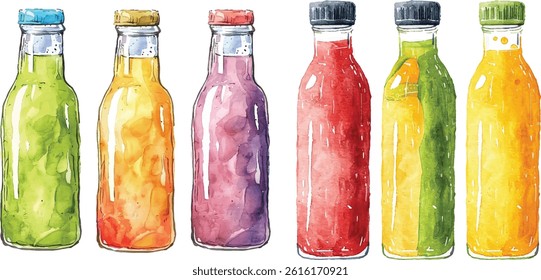 Watercolor detox juice bottles. Hand-painted organic drinks in colorful packaging on white background