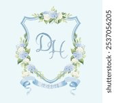 Watercolor DH initial wedding crest design with delicate shield shape outlined in soft blue. hydrangea flowers in shades of blue and white, accented by lush green leaves. Vector Illustration