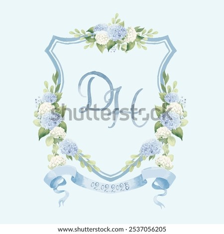 Watercolor DH initial wedding crest design with delicate shield shape outlined in soft blue. hydrangea flowers in shades of blue and white, accented by lush green leaves. Vector Illustration