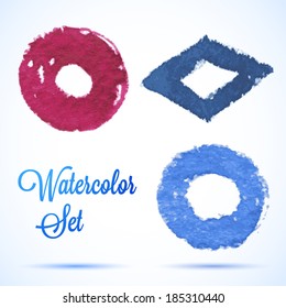 Watercolor diamond, circle and ring vector elements Ink stains on paper