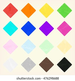 Watercolor diamond shape splashes, green, blue, orange, pink, red, yellow, indigo, violet, pale pink, pale blue, pale yellow, pale green white gray brown black Set of colored design elements EPS 10