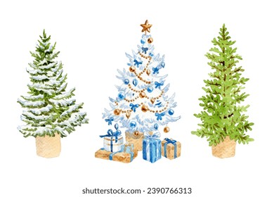 Watercolor different christmas trees collection