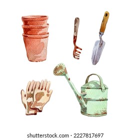Colección de elementos de jardinería de diferentes acuarelas