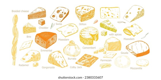 Watercolor different kinds cheeses with cutted pieces, milk dairy product. Delicious food hand-drawn illustration isolated on white background. Perfect for menu, recipe, label, packaging design