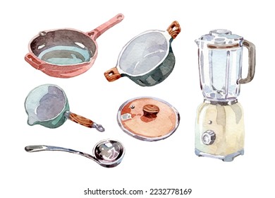 Watercolor different kitchen equipment collection