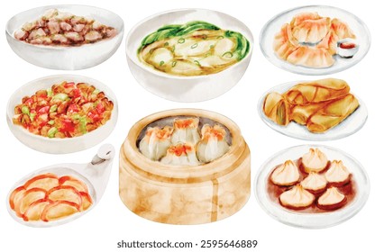 Watercolor Dim Sum Illustration Set, Hand-painted, Authentic, Traditional, Steamed Dumplings, Buns, Rice Rolls, Porridge, Chinese Cuisine, Food, Restaurant, Asian Culture
