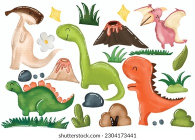 watercolor dino. set of prehistoric animals and plants cartoon isolated on white background