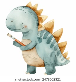 Watercolor dinosaur drawing with a pencil, perfect for kids books or learning materials