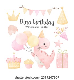 Watercolor dinosaur girl birthday Decoration nursery party Baby shower Print for invitation card Poster Template