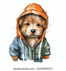 watercolor dog wearing clothes playfull funny white background isolated. vector Illustration
