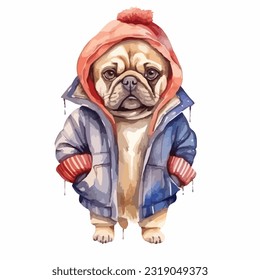 watercolor dog wearing clothes playfull funny white background isolated. vector Illustration