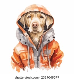 watercolor dog wearing clothes playfull funny white background isolated. vector Illustration
