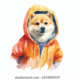 watercolor dog wearing clothes playfull funny white background isolated. vector Illustration