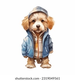 watercolor dog wearing clothes playfull funny white background isolated. vector Illustration