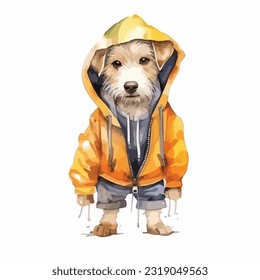 watercolor dog wearing clothes playfull funny white background isolated. vector Illustration