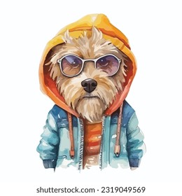 watercolor dog wearing clothes playfull funny white background isolated. vector Illustration