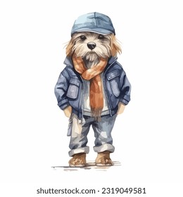 watercolor dog wearing clothes playfull funny white background isolated. vector Illustration