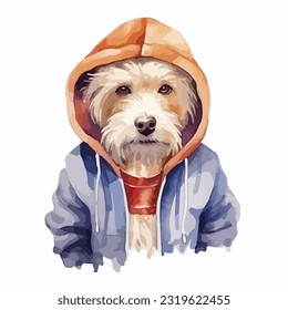 watercolor dog wearing clothes playfull funny white background isolated. vector Illustration