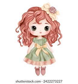 Watercolor doll illustration. Watercolor toys. Cute hand drawn doll 