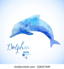 Watercolor dolphin background symbel. Jumping blue dolphin watercolor painted.