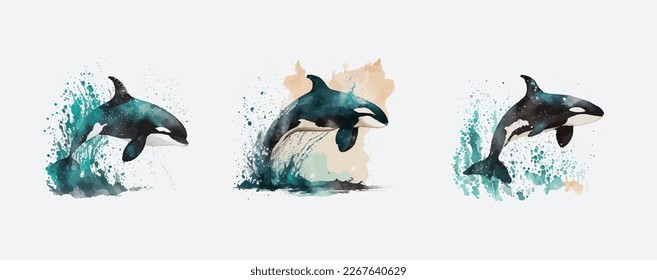 Watercolor dolphins on a white background. Beautiful blue dolphins Jumping. Inhabitant in the waters of the oceans. Dolphins watercolor set. Ideal for postcard, poster, banner. Vector illustration.