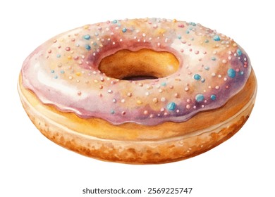 Watercolor donut illustration, colorful sprinkles, sweet dessert, bakery art, food styling, delicious treat.