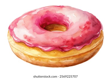 Watercolor donut illustration, pink frosting, delicious dessert, bakery art, food styling, sweet treat design.