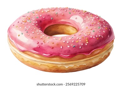 Watercolor donut illustration, pink frosting, colorful sprinkles, dessert art, bakery design, food styling.